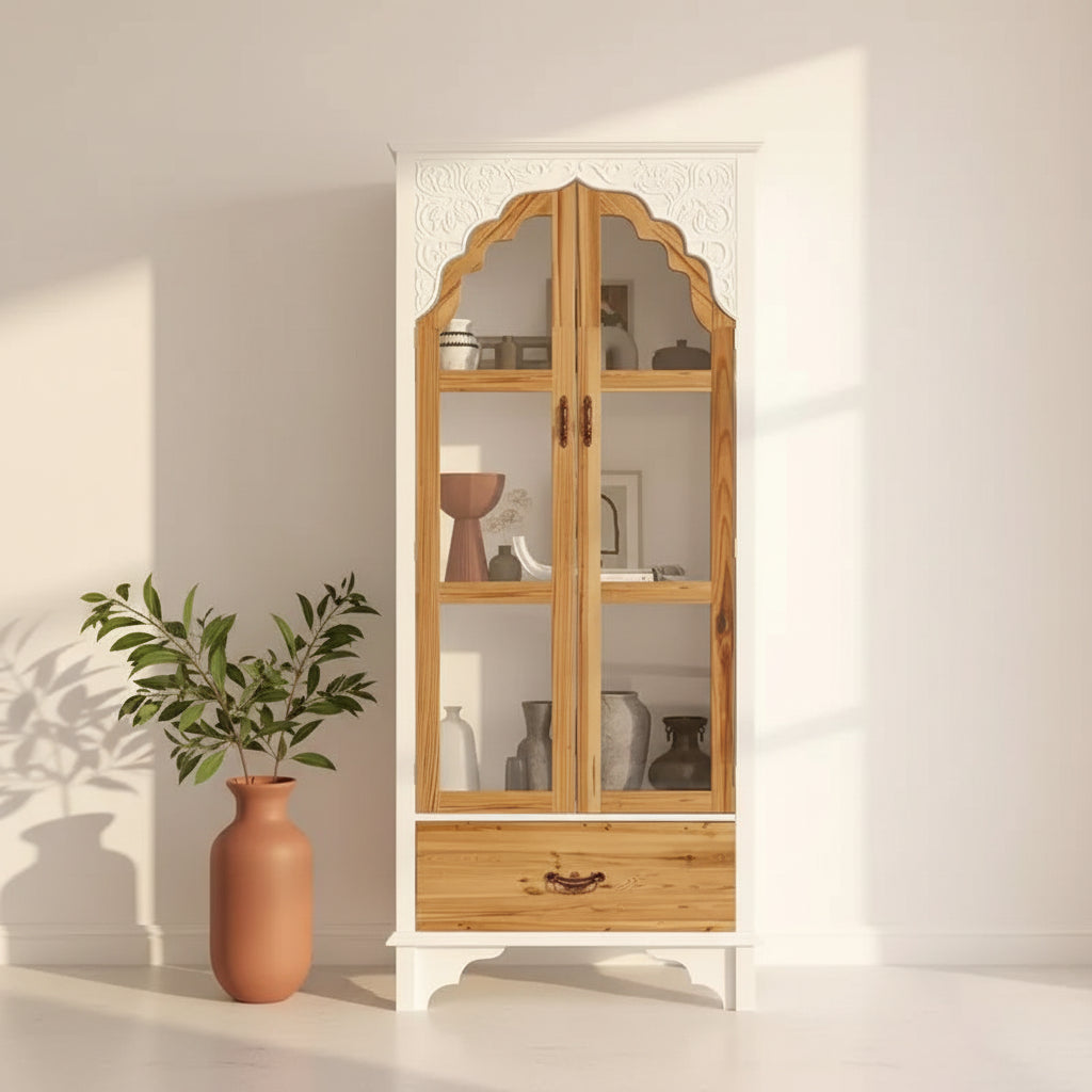 Famapy White Vertical Storage Cabinet Embossed Patterned Arched Glass Doors Bookshelves Display Cabinet Pantry Side Cabinet