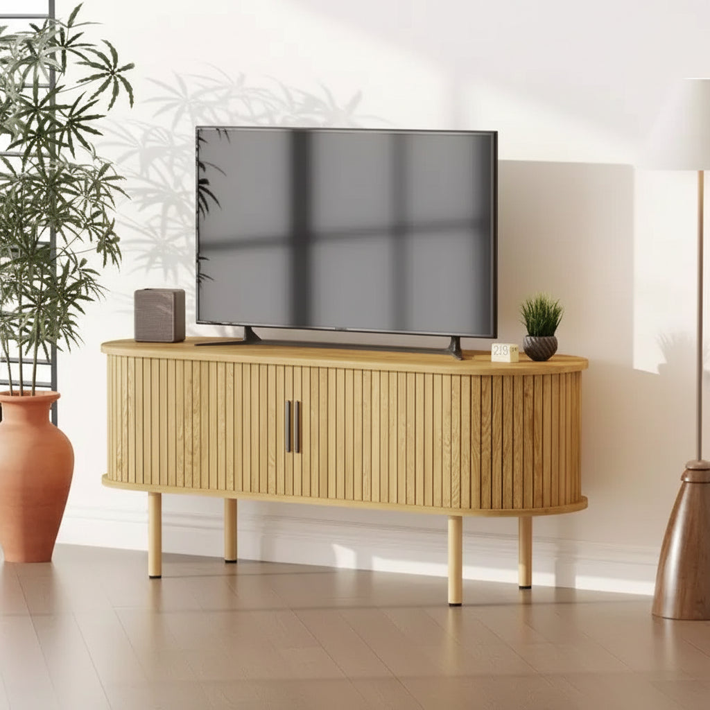 TV Stand, Modern TV Console Table with Storage Compartment and Sliding Door, Gaming Entertainment Center with Cabinet for Living Room, Bedroom